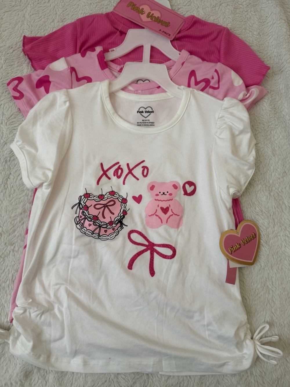 Pink Velvet Girls Hearts 3 Pack Shirt Set Size M 10-12 New